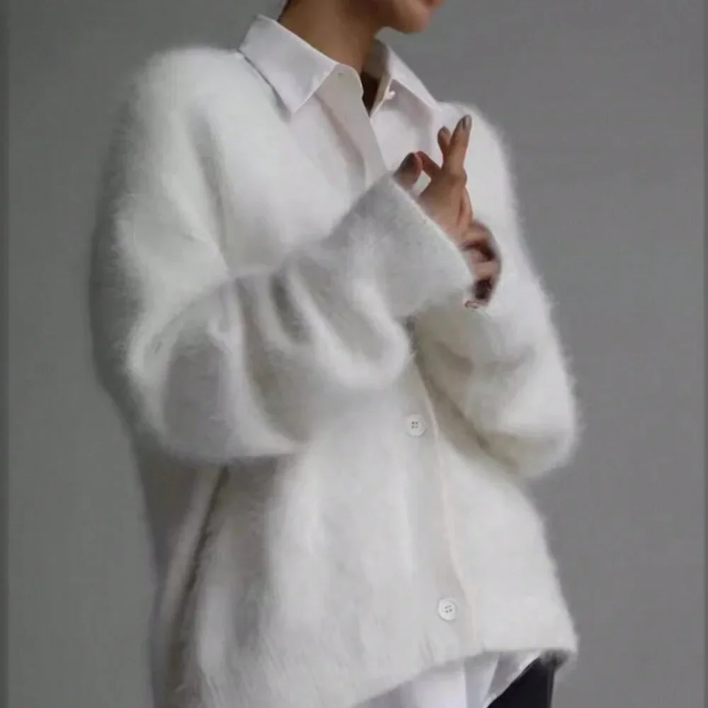 White Elegant Women's Drop Shoulder Faux Fur Cardigan